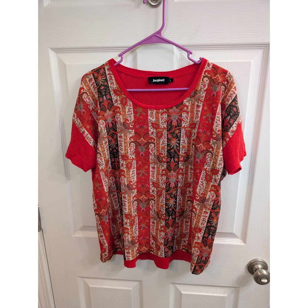 Desigual Lombok Mixed Media Paisley Top Womens Linen Blend Scoop Neck - Size L